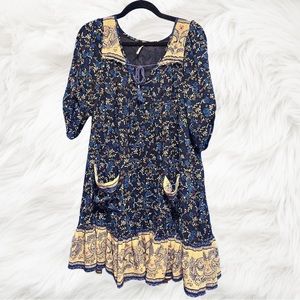 free people floral print tie front scoop neck mini chiffon trapeze dress